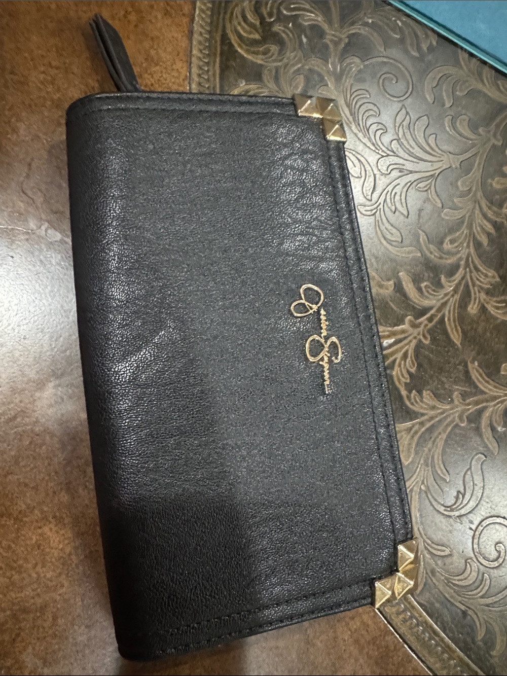 Jessica Simpson Black Zip-Around Wallet with Gold Hardware